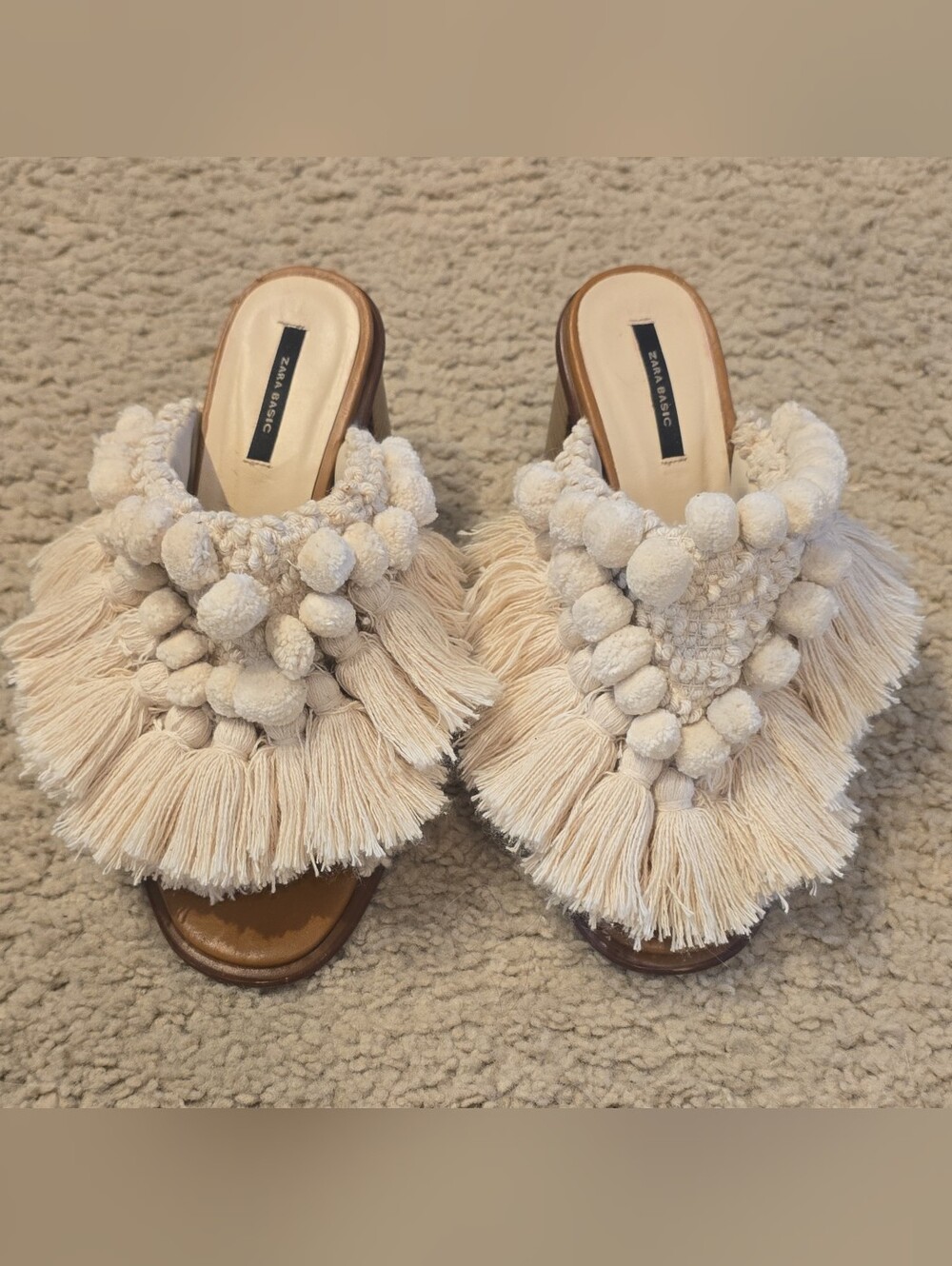 Zara Beige Mscrame Fringe Pom-Pom Slide Mules